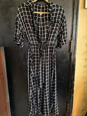 Calvin Klein Black and White Windowpane Maxi Shirt Dress
